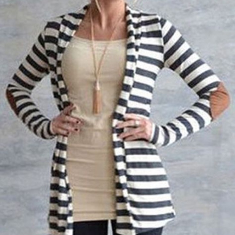Gray & White Cardigan, Faux Suede Elbow Patches